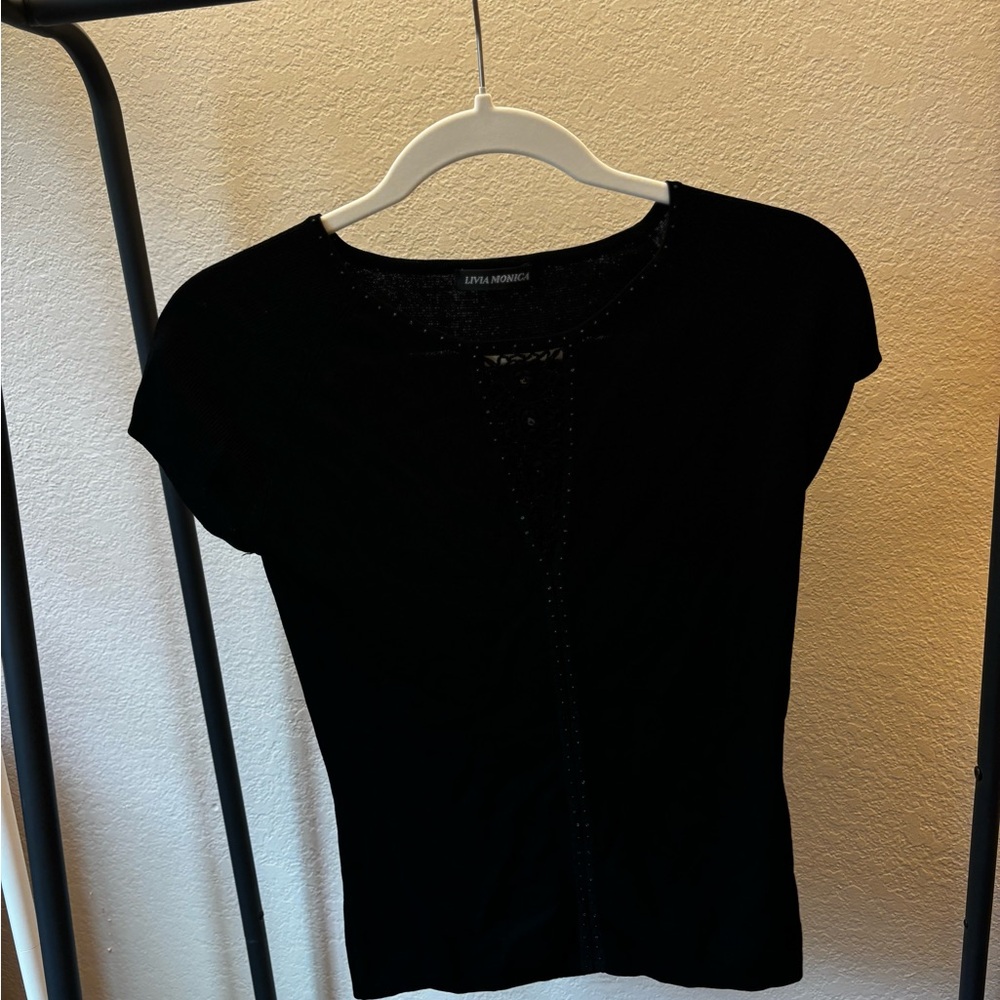 Black Fitted Top with Beaded Detail